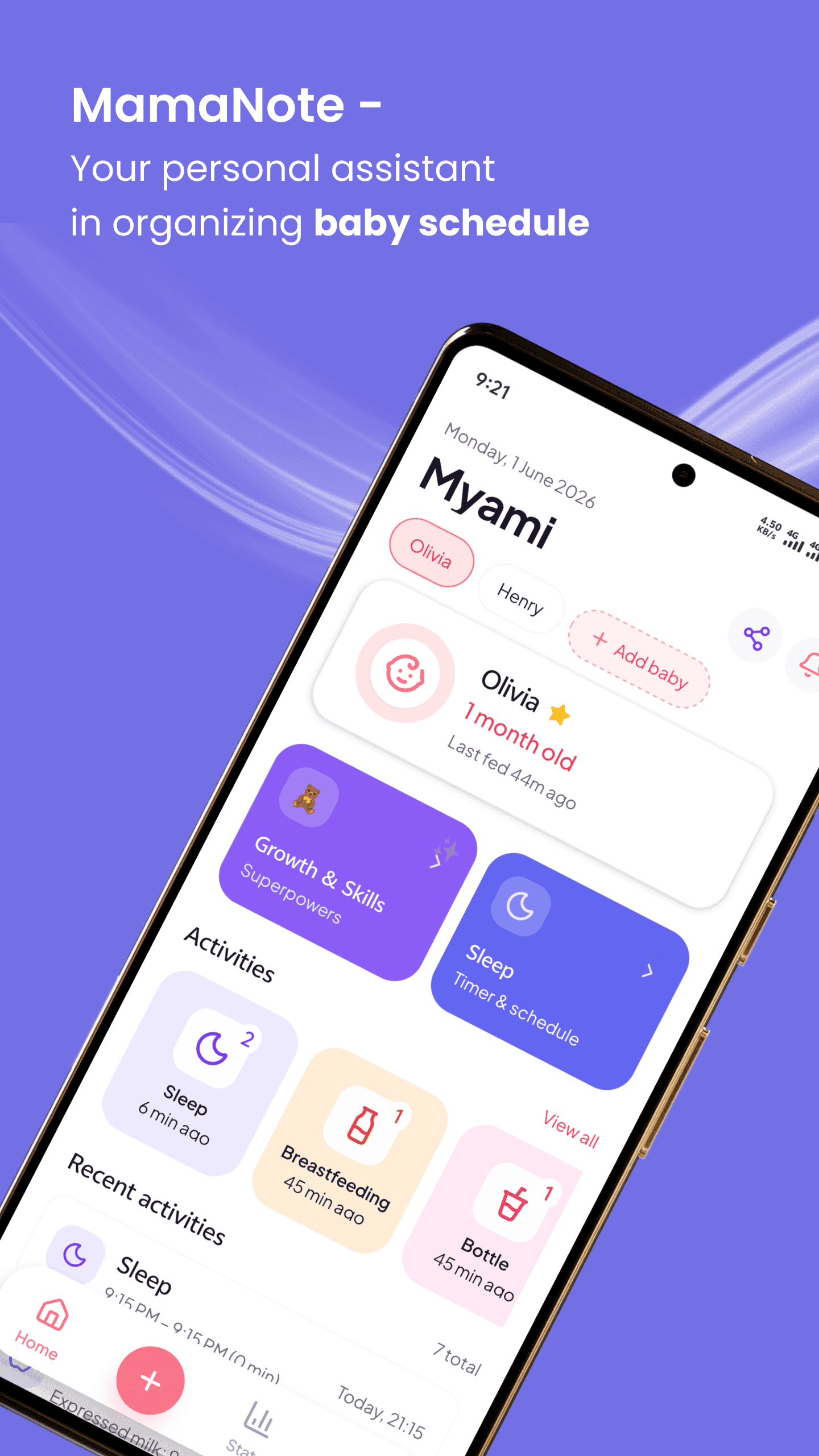 MamaNote baby tracker app home screen — daily activity overview