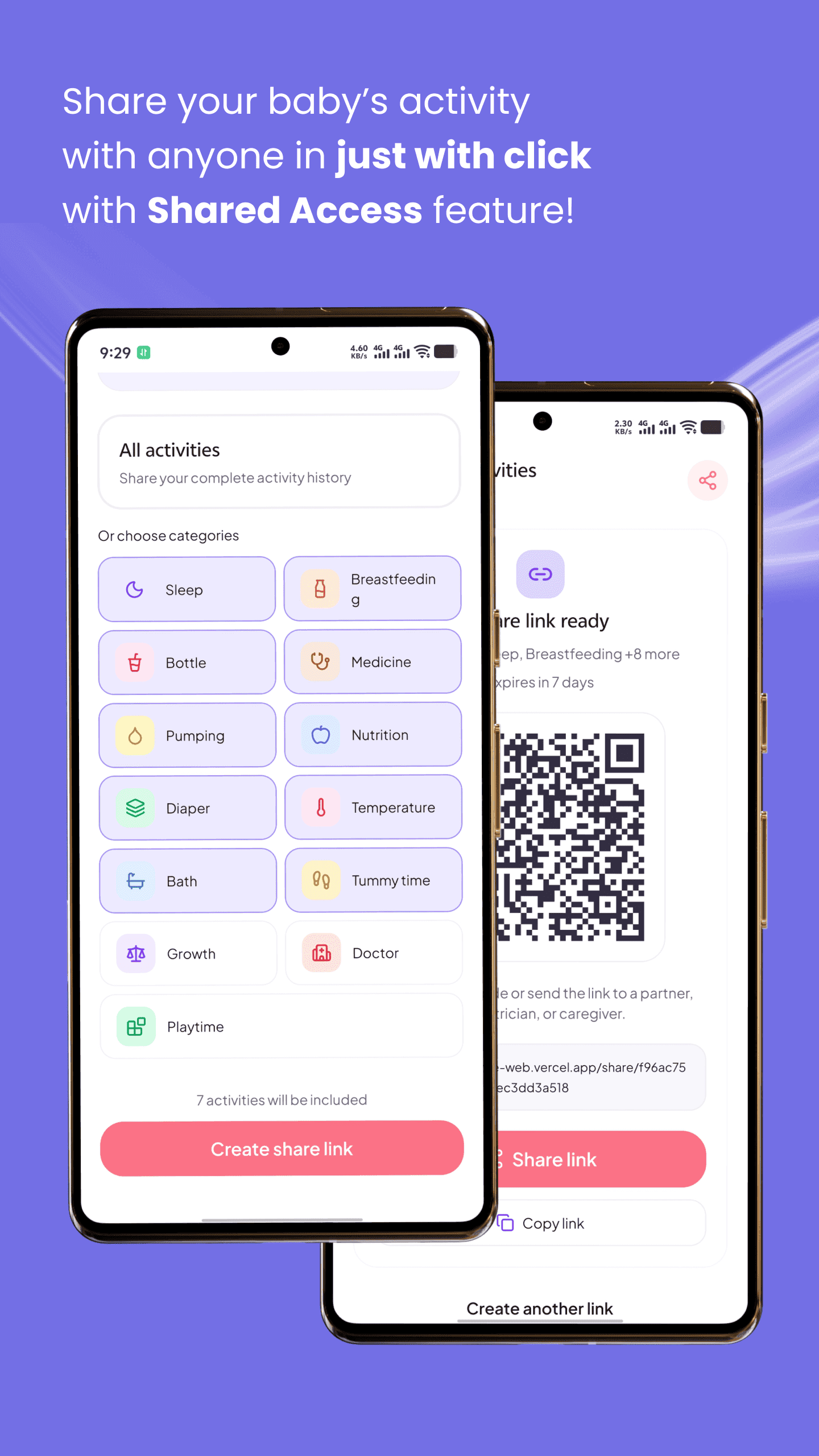 MamaNote shared access screen — sharing baby activity log via QR code