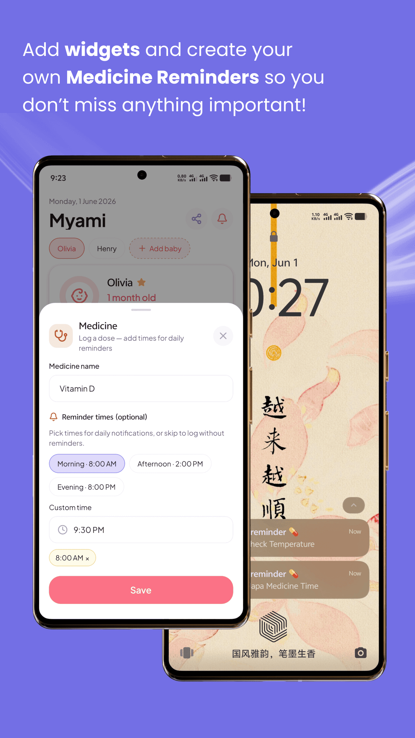 MamaNote medicine reminder and home screen widget setup